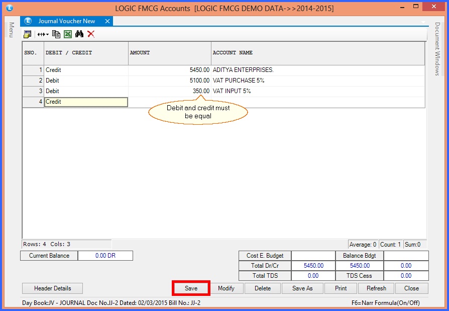 fmcg journal voucher account details